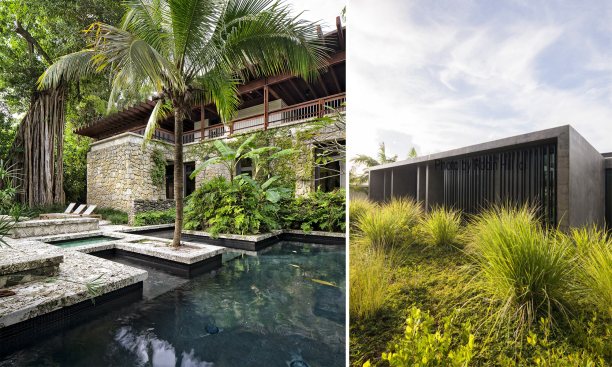 The Rock House project in Coconut Grove (left) and the planted roof of the Janoura Residence in Miami Beach by Strang Architects