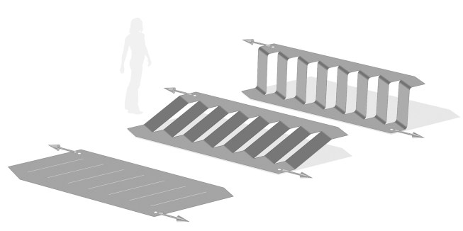 Conceptualized in collaboration with Washington, D.C.–based designer and fabricator Tomer Ben-Gal, Stretch Stairs is a research project that creates a warped set of stairs by pulling a slotted and perforated sheet of metal on diagonal ends.