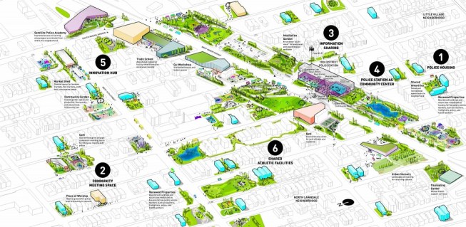 Polis Station proposes that police stations be reoriented toward their communities and become sites of social connection where officers and neighborhood residents can find many opportunities to interact.