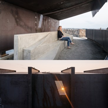 Sunset Pavilion in Firestone, Colo., is constructed with a steel-plate overhang, a concrete bench, and gabion walls.