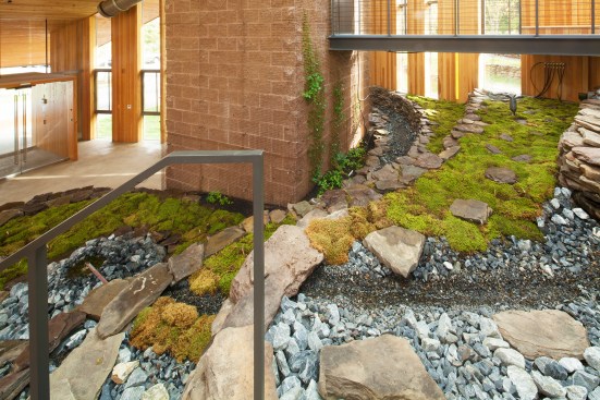 The building’s north entrance, the facility’s lowest point, is defined by three external swales—trenches dug to direct the flow of water—stacked with natural stone. 