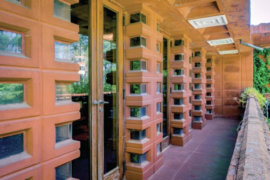Close-up of the façade of Frank Lloyd Wright's T.A. Pappas House in Town and Country, Mo.