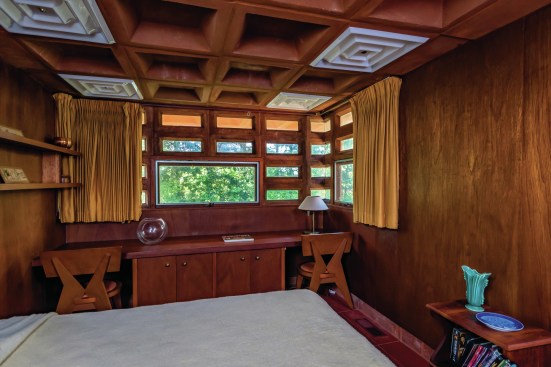 A bedroom in Frank Lloyd Wright's T.A. Pappas House in Town and Country, Mo.