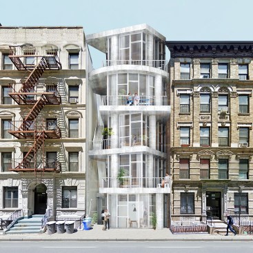 The Table Top Apartments, a modular system that resembles (what else?) a series of stacked table tops, can be configured as anything from a four-story walk-up to a residential tower, with the modules arranged to create shared outdoor space.