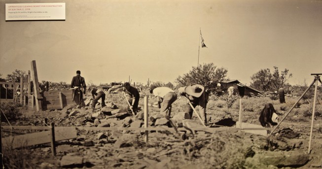 Apprentices clearing the desert for construction of Taliesin West, c. 1938