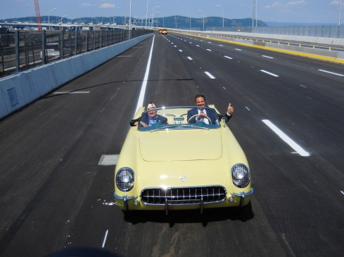 Governor Cuomo drove on the new bridge span in a 1955 Corvette with Armando “Chick” Galella, who drove the same model year Corvette as part of the inaugural procession that crossed the Tappan Zee Bridge on December 15, 1955. Galella is an Army veteran and Bronze Star recipient who survived the December 7, 1941 attack on Pearl Harbor.