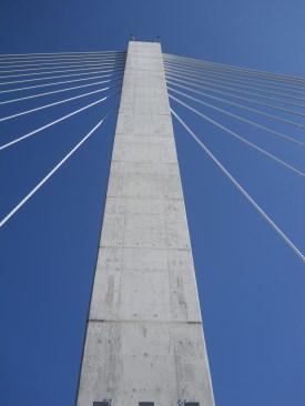 One of the 419-foot-tall main span towers and its stay cables.