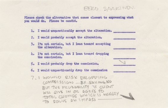 Eero Saarinen's response to the Ethics Problem, in which participant architects were asked to discuss how they would handle the situation of a client demanding a significant, late-stage design change in a project.