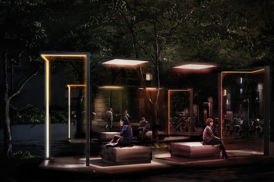 Narboni designed Extimity with French lighting company Technilum. It is a modular system that addresses urban design trends and incorporates street furniture elements with smart lighting functionality to foster the creation of a nocturnal urban environment.