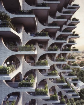 The Tel Aviv Arcades, an 18-story condo tower, features private and communal arched terraces that help shade the interiors and also open them up to the city outside.