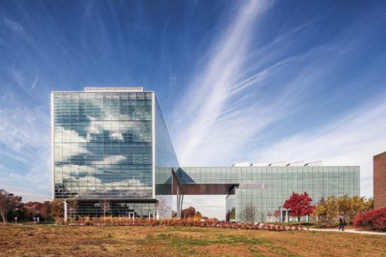 Seen here from the southeast, the elevations facing the interior of the campus incorporate curtainwalls from Jangho with glazing from Xinyi Glass.