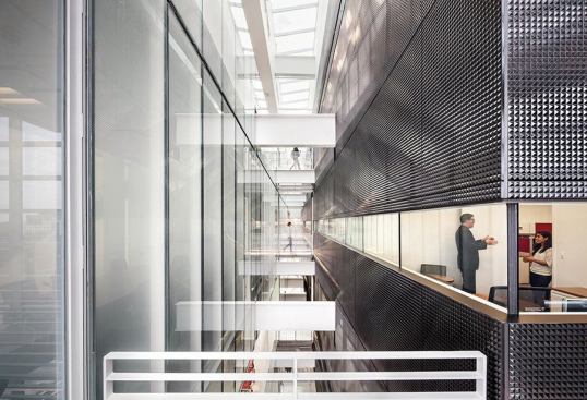 Bridges and structure cross the interstitial spaces between perimeter breakout spaces and interior offices and classrooms. 