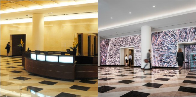 Before-and-after images of the 7th Street lobby at Terrell Place