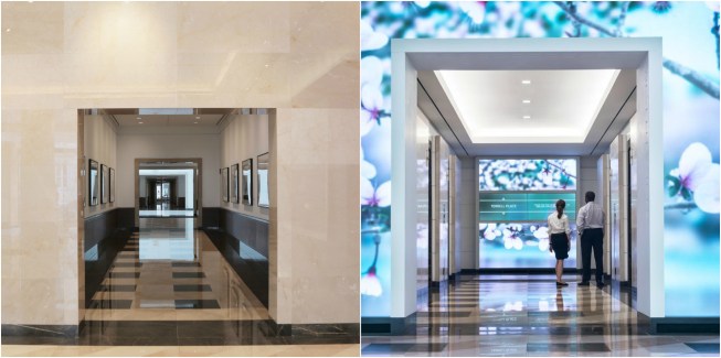 Before-and-after images of the corridor portal walls at Terrell Place. The new installation integrates an information display.