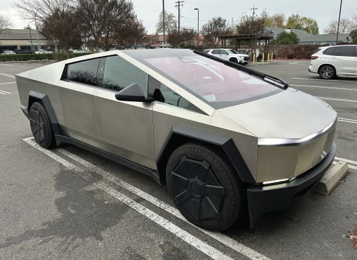 A Tesla Cybertruck sitting in a hardware store parking lot in Ripon, California.