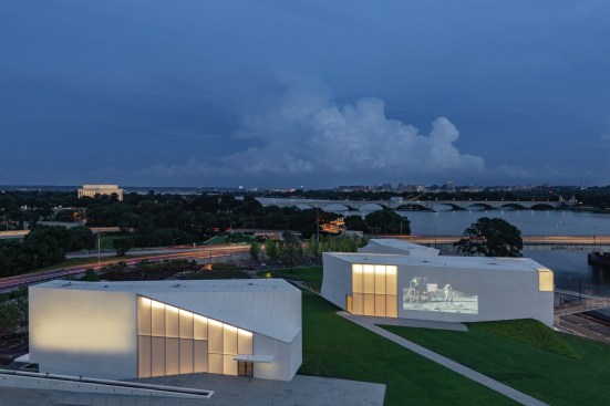 The Reach at dusk with video projection on the Skylight Pavilion