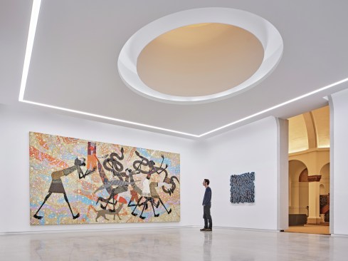 Installation view into the main gallery at the Shepherd, featuring Charles McGee's, Linkage Series (Blue 1), 2017 and Charles McGee's Play Patterns II, 2011.