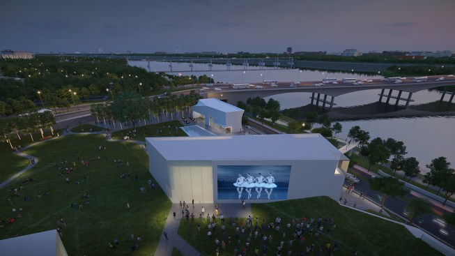 Rendering showing projection of events on green roof.