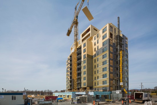 The project team conducted two years of research and development to demonstrate that Origine’s wood structure would meet sustainability, economic and safety goals. Courtesy of Nordic Structures