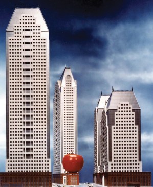 A 1980s Times Square rendering by Johnson and Burgee  (apple designed by Venturi, Scott Brown and Associates)