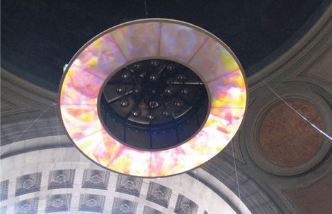 Fishing line was used to raise and lower the kite, which was attached to an existing light fixture in the dome's ceiling.
