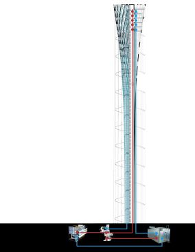 The tower is coated in 10,000 evacuated solar tubes. Superheated water from those tubes will be able to power a 360-kilowatt steam turbine (bottom middle), which will provide energy for the tower's systems, including a 22-kilowatt desalination plant that will convert nearly 9,000 gallons of seawater to fresh water daily (bottom left) for irrigation and to refill the solar tubes. The turbine will also power a chiller (bottom right) to provide cool air for the tower's interior spaces.