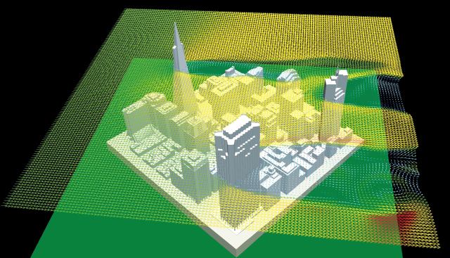 Any city with tall buildings suffers from wind tunnels. This diagram shows high wind velocity over the financial district and can be refined to show wind speeds at specific sites and intersections. This can help influence the construction of new buildings and public spaces.