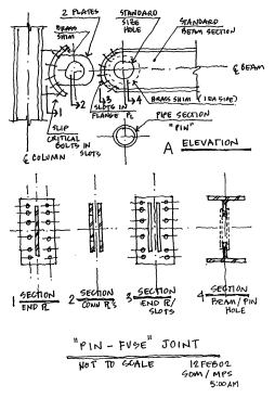 An early sketch shows components of the joint: A plate from the vertical steel member fits into a slot in the horizontal beam and is held in place by brass shims and a pin. Slip-critical bolts will give way and allow the joint to rotate in place during a massive earthquake, allowing the structure to roll with the ground without suffering irreversible damage.