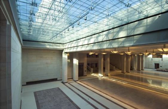 The Capitol Visitor Center's two 70-foot-by-30-foot skylights bring natural light into the underground space and allow impressive views of the Capitol dome. With fixtures that are modern interpretations of the ones in the Capitol, the center delivers adequate lighting, but the lamp sources are not as energy efficient or as up-to-date as they should be.