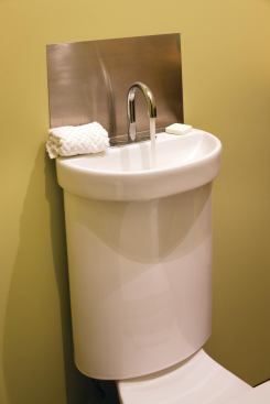 COMBO FIXTURE

The high-efficiency Profile Smart 305 dual-flush toilet features an integral sink and faucet for water and space savings. The toilet offers 1.28-gpf (solid waste) or 0.8-gpf (liquid waste) options, making it up to 56% more water-efficient than single-flush, 1.28 gpf toilets. After flushing, fresh cold water is directed through the faucet for hand washing and drains into the toilet tank for the next flush. It is WaterSense labeled and IAPMO listed for the United States and Canada. 800.605.4218. www.caromausa.com.

