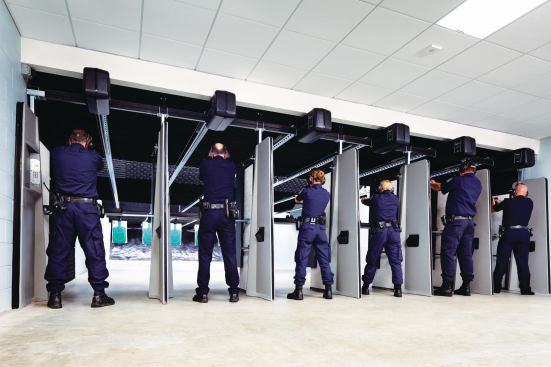 Border control officers must meet stringent requirements, such as passing regular firearms certification tests. To that end, the program of the border station includes a shooting range. Not required in every GSA border station, this is the only such facility in Maine. The walls and standard lay-in ceiling are clad in an absorbent acoustical foam which has a convex pattern formed into its surface. The back wall, behind the targets, is a bullet trap—a surface composed of rubber pellets that collects the bullets and lead and is periodically cleaned out.