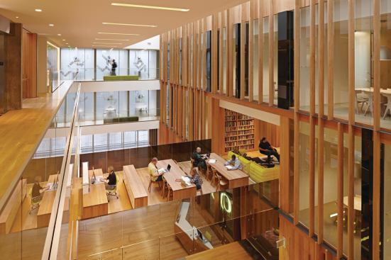 A student lounge on the second floor is set off by a study area.