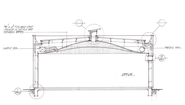 The ceiling curves around the existing structure and new mechanical systems. 