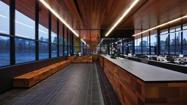 Public lobby and officer work area. All millwork is made from reclaimed cutoffs from the exterior siding.