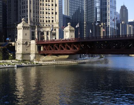 Michigan Avenue Riverwalk canopy seen from opposite river bank
