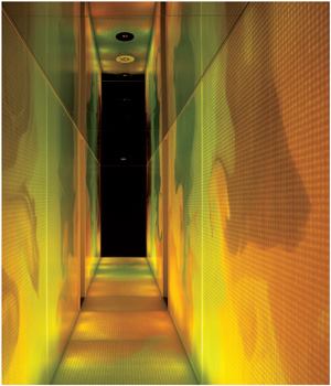 Artist Eriko Horiki uses the tradition of washi papermaking to create a contemporary architectural canvas for light, seen here in her installation at Okuaga Furusato Hall in Nigata (left). The prevalence of light-emitting fibers has enabled Japanese designers to advance luminous material technologies. Akira Wakita used his background in computer science and fashion design to develop Fabcell, a conductive fiber that emits multicolored light with an electrical charge (bottom left).