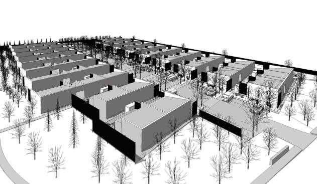Inspired in part by a nearby mobile home community, the project includes private outdoor space and fosters contact with neighbors.

