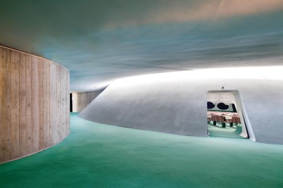 The entrance to the below-grade auditorium of the French Communist Party headquarters in Paris.
