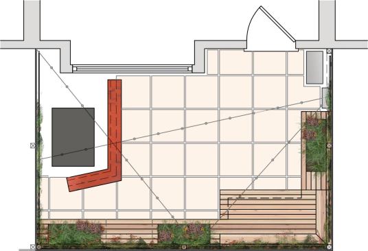 A floor plan of the Urban Garden. The L-shaped bar hides unsightly HVAC equipment.