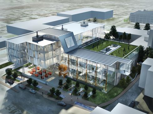 Aerial view of building exterior.