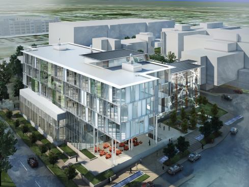 Aerial view of building exterior.