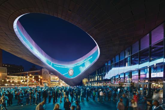 Underneath the cantilever at the entrance to the Barclays Center.