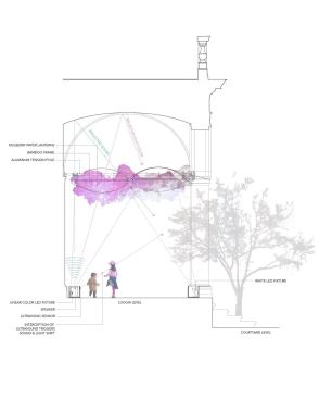 Section through the loggia showing the arrangement of luminaires, speakers, and sensors in relation to the paper lantern installation.