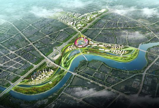 Aerial rendering from southwest