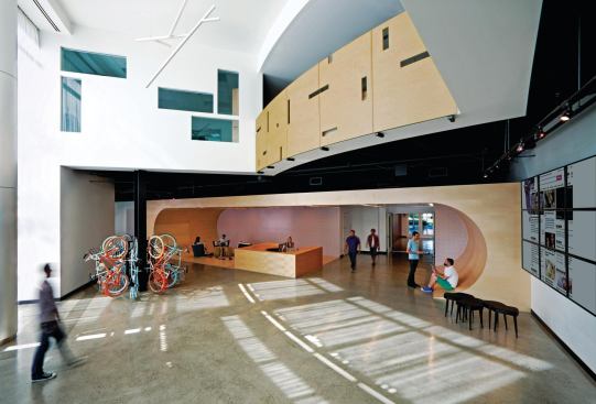 The lobby at 395 Page Mill Road serves as a gateway to the AOL offices upstairs and the various businesses housed in the ground-floor incubator offices beyond.