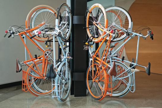Bicycles mounted to a column in the lobby serve as sculpture when they aren't in use by employees of both AOL and the ground-floor tenants.