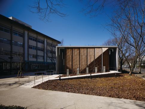 On the north end of the building, the delicacy of the Ukiyo-e prints being displayed within prevented the use of glass. Here, wood panels, covered with trellises that will host climbing vines, contrast with the concrete.