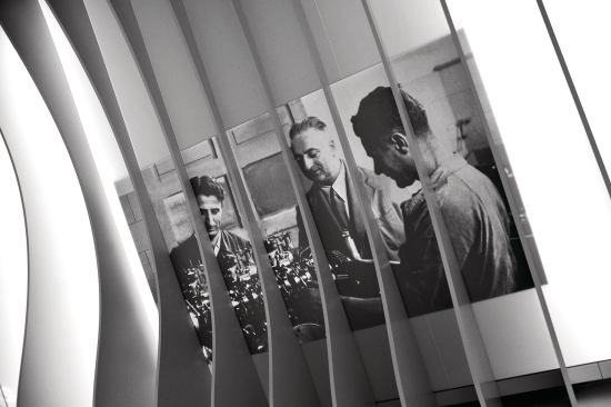 The fins incorporate photographs of Ferrari, as well as relics such as notebooks and vintage brochures.