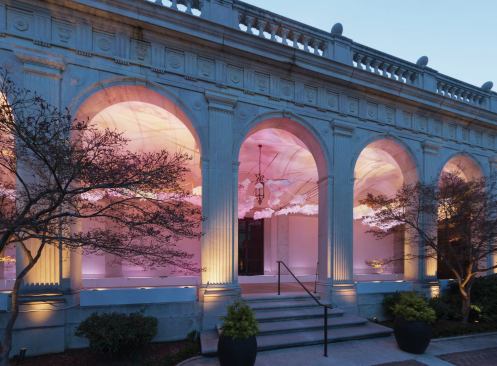 The combination of warm-white LED fixtures and RGB LED linear arrays highlight the lanterns creating a rich texture of illumination.