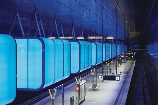 The HafenCity University U-Bahn-Station in Hamburg, Germany designed by Munich-based practices Raupach Architekten and Pfarre Lighting Design. 